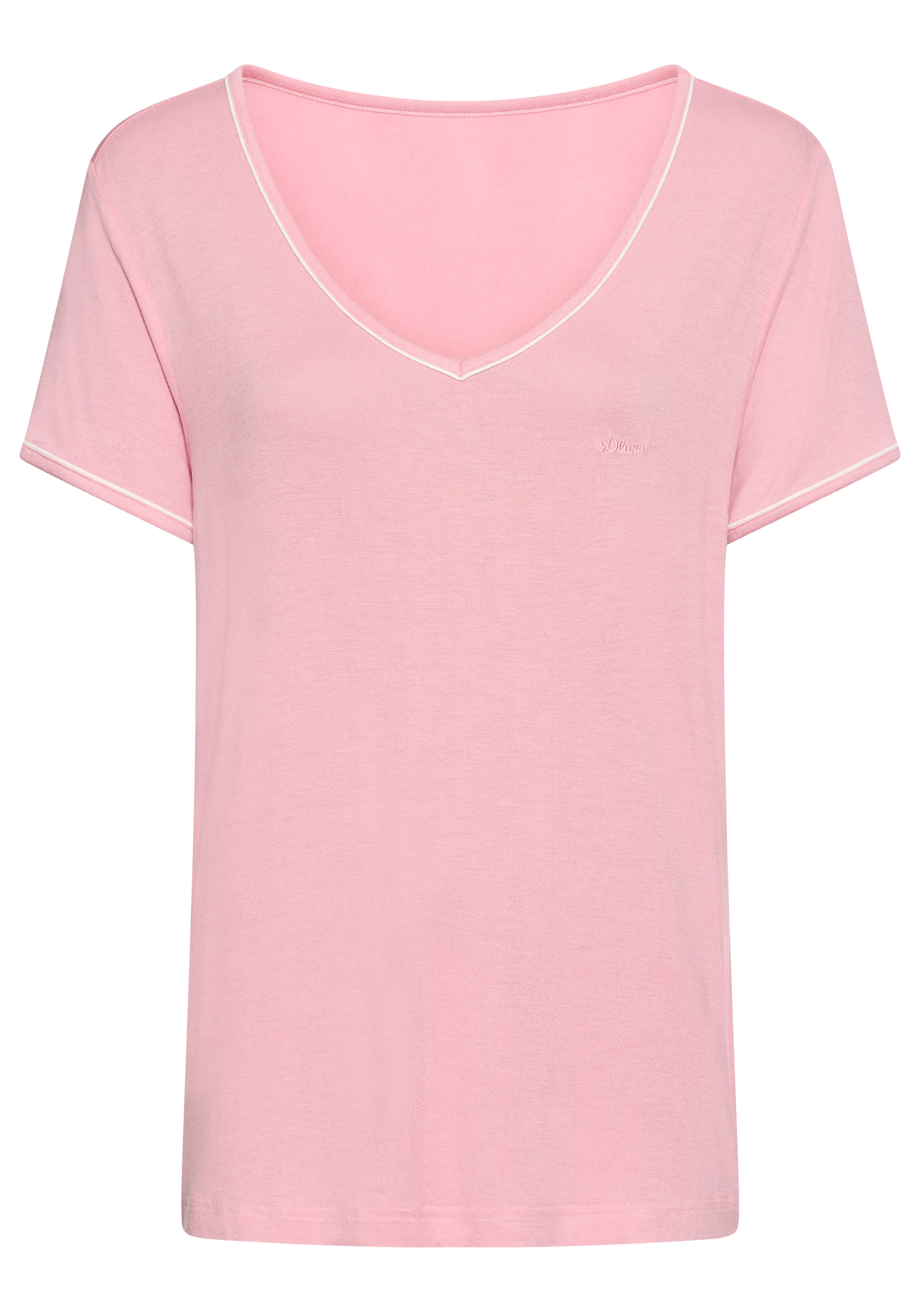 Pyjamaoberteil S.OLIVER, Damen, Gr. 40/42, rosa, Single Jersey, Obermaterial: 100% Viskose, unifarben mit Farbeinsatz, Basic hüftlang, V-Ausschnitt, eingesetzt, Shirts, mit kleiner Kontrast-Paspel