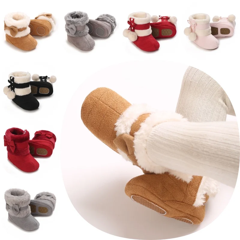 Winter Plüsch Baby Schuhe Baumwolle Stiefel Mit Schleife Dekoration Weiche Sohle Anti Slip Plüsch Warme 0-18M baby Schnee Stiefel Image