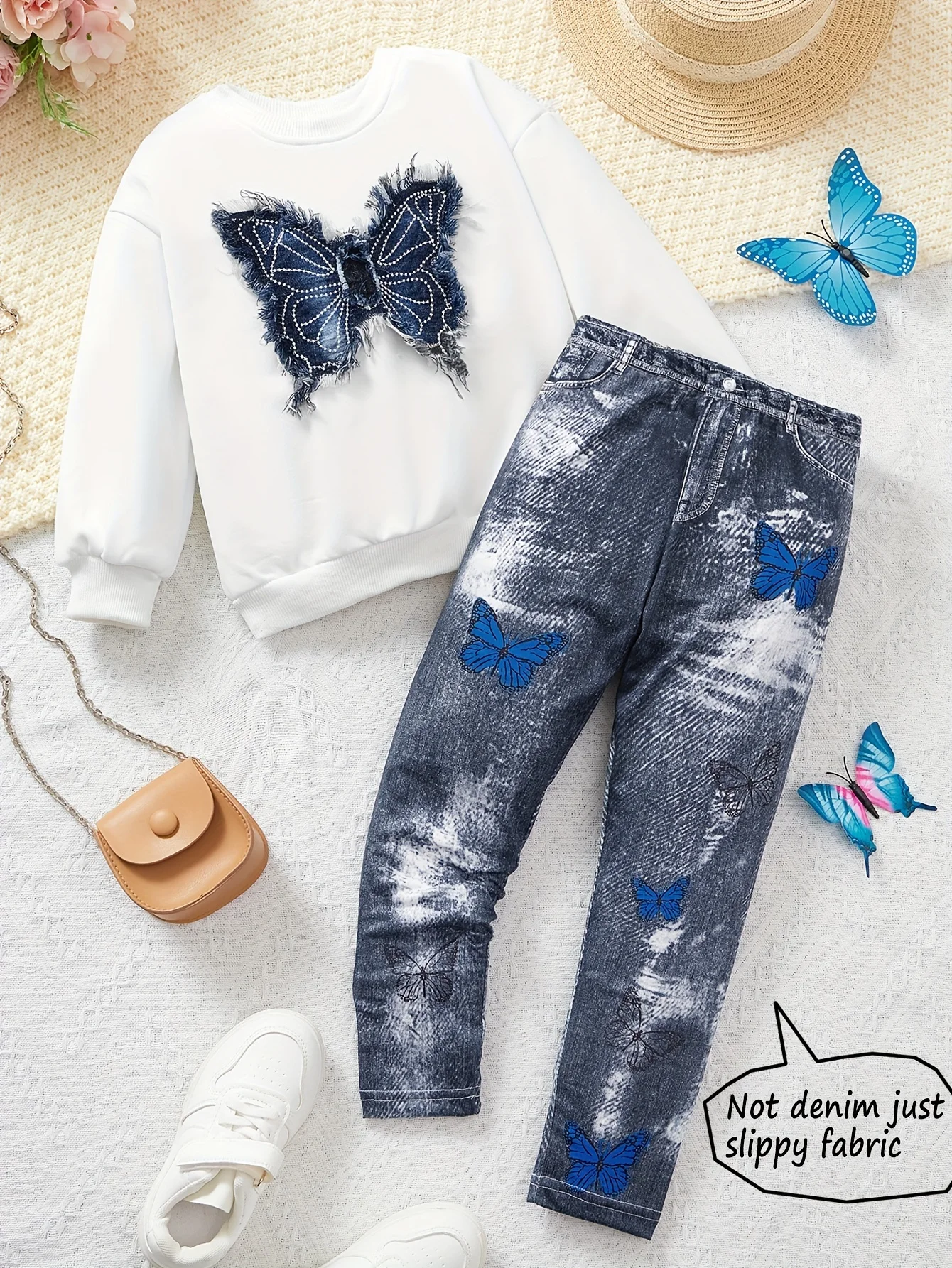 Vêtements pour enfants filles automne vêtements papillon Patch brodé col rond sweat + Imitation Denim décontracté imprimé Leggings costume maison décontracté à manches longues pantalons vêtements