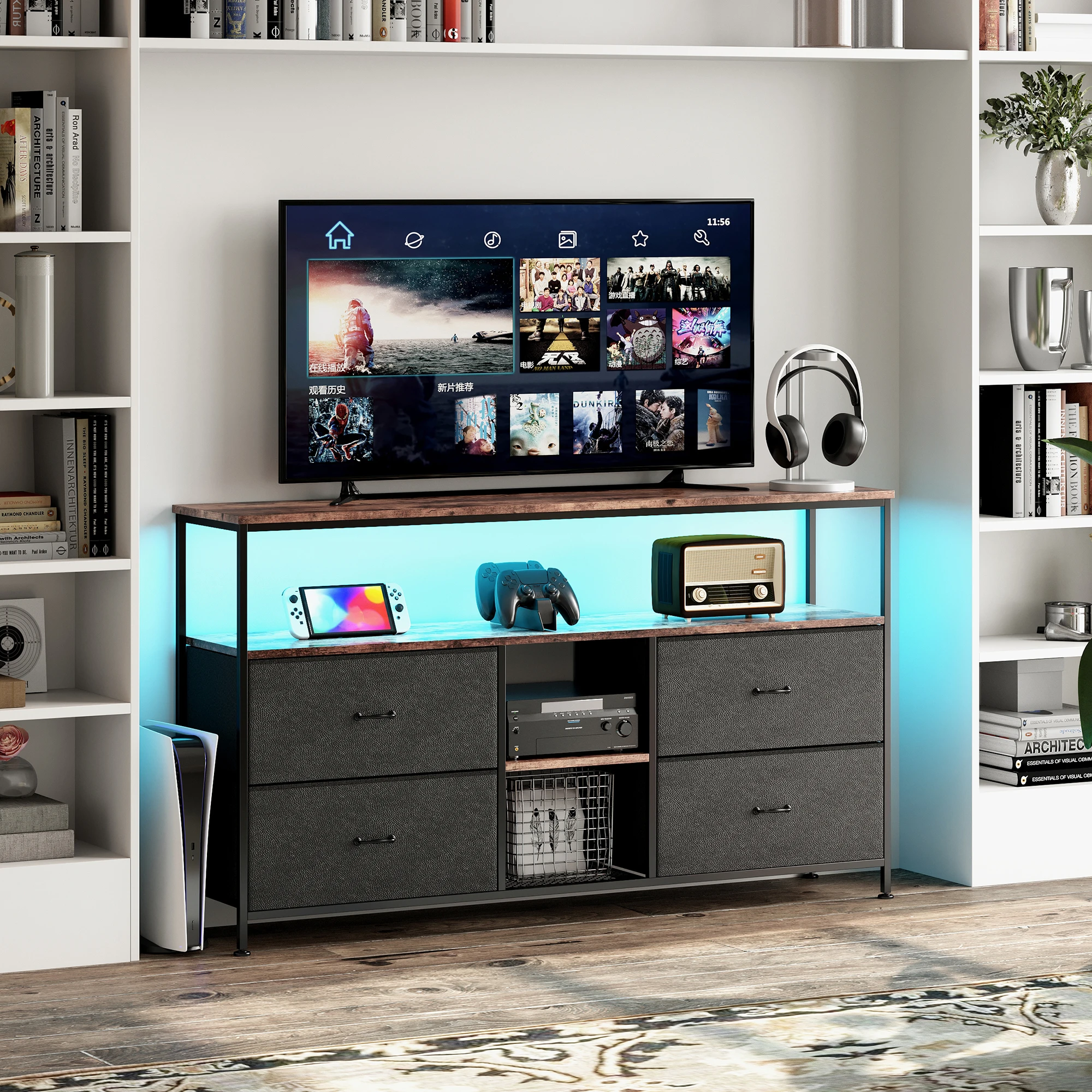 TV-Schrank mit 4 Stoffschubladen, TV-Ständer Kommode mit LED-Lichtern, Metallrahmen, TV-Board, Lowboard, für Wohnzimmer 137cm