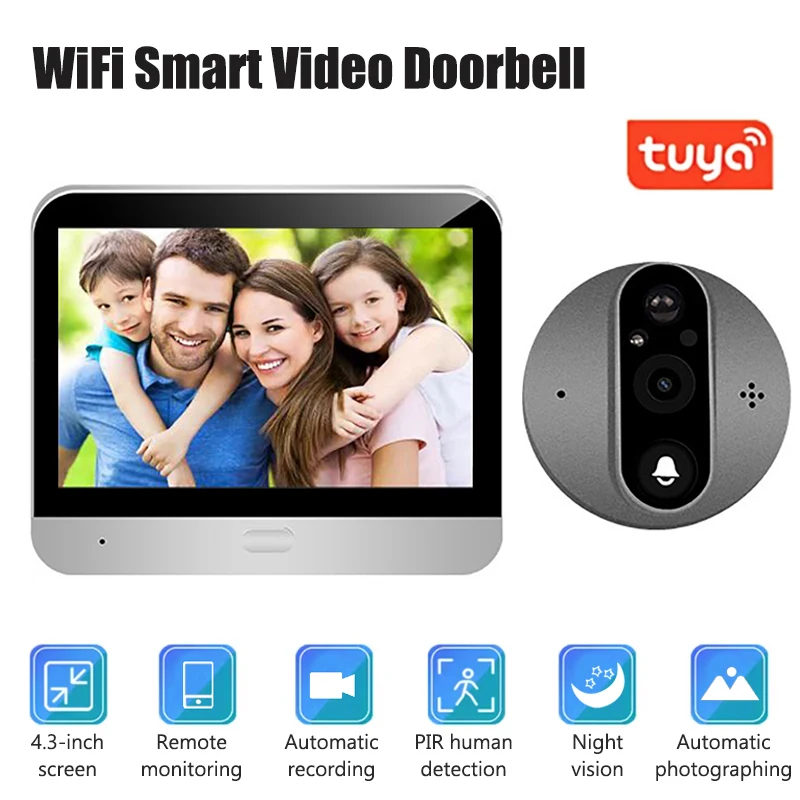 4,3 Zoll WiFi Tuya Smart Video Türklingel 1080P Zwei-weg Stimme Intercom Tür Auge Kamera Home Security Nacht vision Video Tür Glocke Image