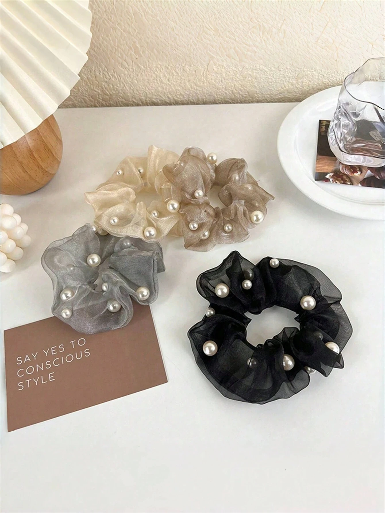 1/4 Stück elegante, minimalistische, schwarze und kaffeefarbene Perlen- und Mesh-Haargummis, hochelastische Haargummis für Pferdeschwanz-Haar-Accessoires Image