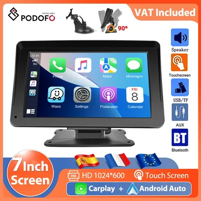 Podofo 7'' Tragbare MP5 Auto Monitor Dashboard AirPlay Carplay Android Auto Sprachsteuerung Bluetooth HD Touchscreen Smart Player