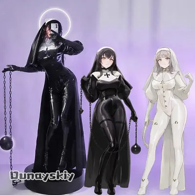 Anime Original Design Chowbie Nonne Cosplay Kostüm Weiß Schwarz PU Leder Overall zentai frauen kostüm Sexy Body Rollenspiel Image