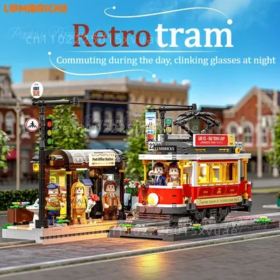 Neues Retro Streetcar Block Town Series Street View Train City Building Montagespielzeugmodell verziert mit Kindergeburtstagsgeschenk Image