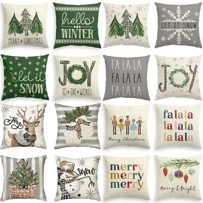 Frohe Weihnachten Dekor Kissenbezug 45x45 cm Kissenbezug Cartoon Rentier Weihnachtsmann Bedruckter Überwurf-Kissenbezug Leinen-Kissenbezug Image