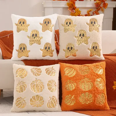 1PC Halloween Dekoration Kissenbezug Kürbis Geist Gold Pailletten Stickerei Plüsch Herbst Thanksgiving Ernte Wohnzimmer Image