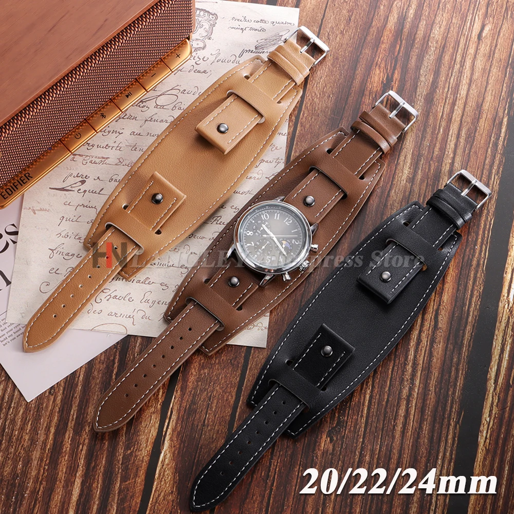 Vintage PU Leder Uhrenarmband 20mm 22mm 24mm Schwarz Braun Mit Matte Bund Strap Paletten Männer Armband Femme für Smartwatch Armband Image
