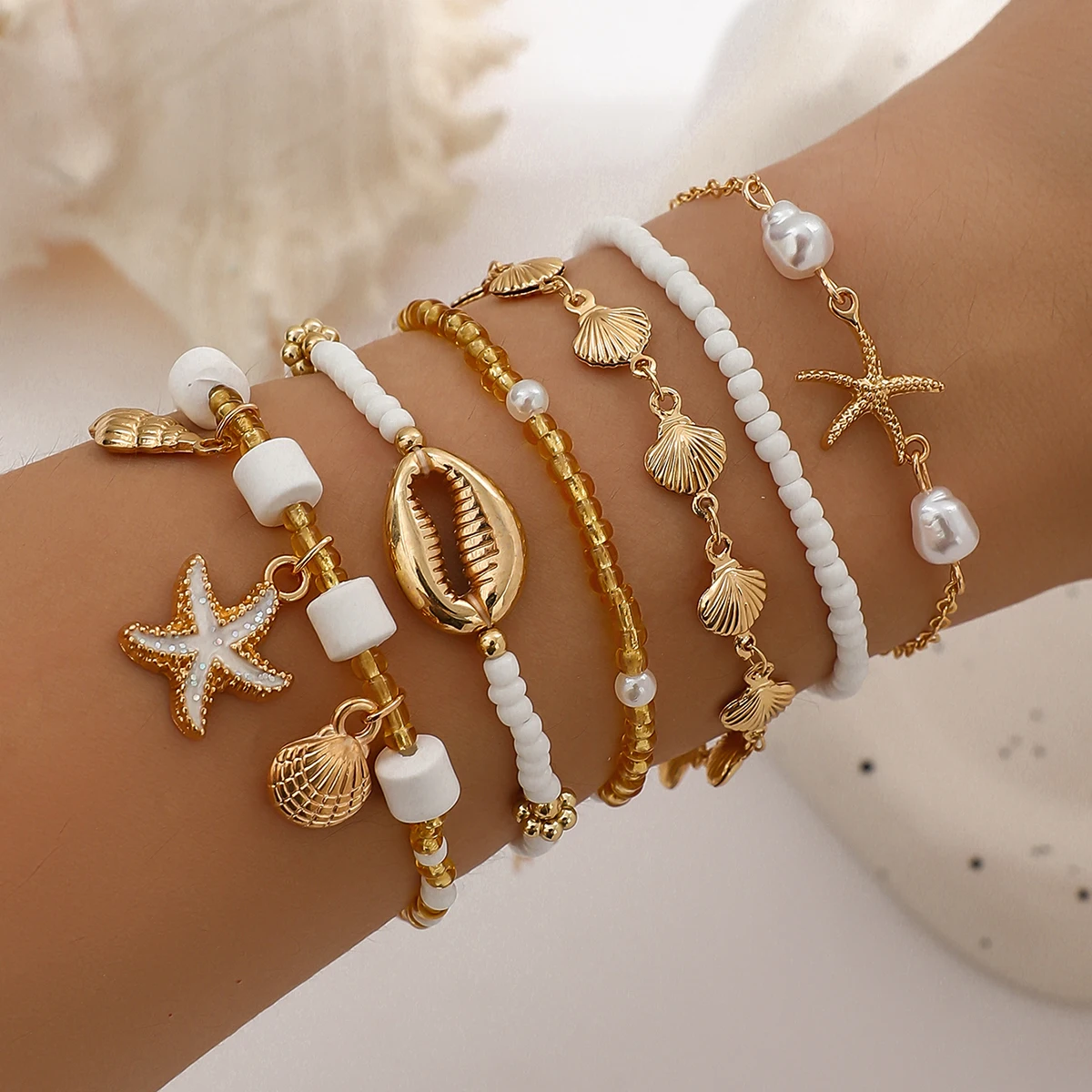 Seestern-Muschel-Armband, handgefertigt, Rocailles, mehrschichtiges Armband, Damen, Sommer, Strand, Party, Urlaub, Schmuck Image