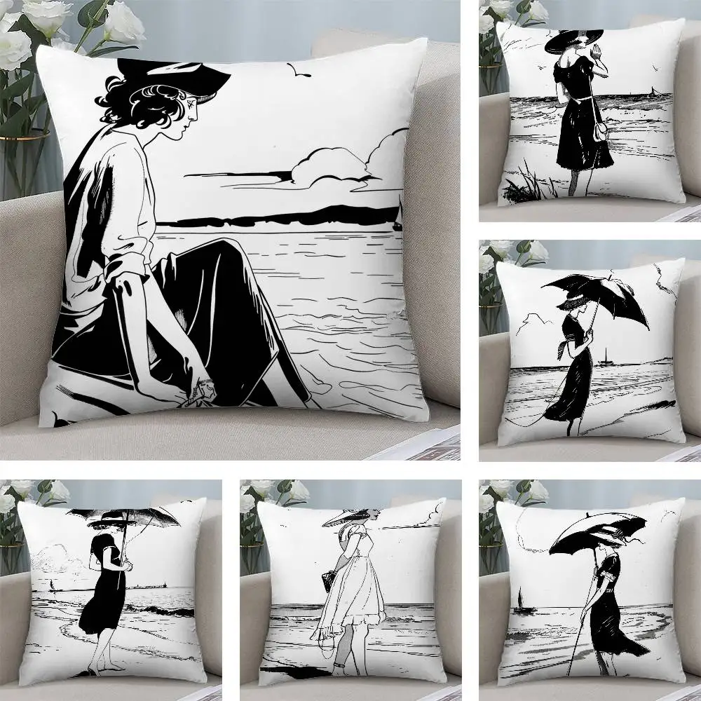 Strand Mädchen schwarz und weiß Kissenbezug kurze Plüsch doppelseitiger Druck quadratische Dekokissenbezüge Sofa Home Kissen Dekor Image