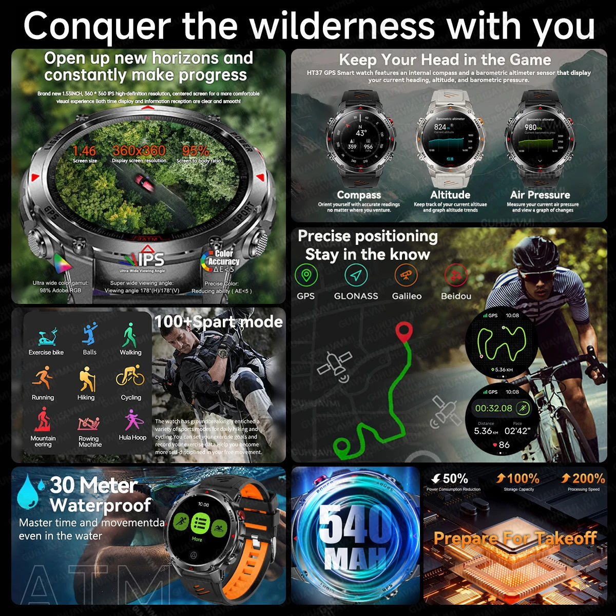 2026 Neue Outdoor-Sport GPS-Positions-Smartwatch für Herren 3ATM Wasserdicht Kompass Höhenmesser 540mAh BT-Anruf Fitness-Uhr Image