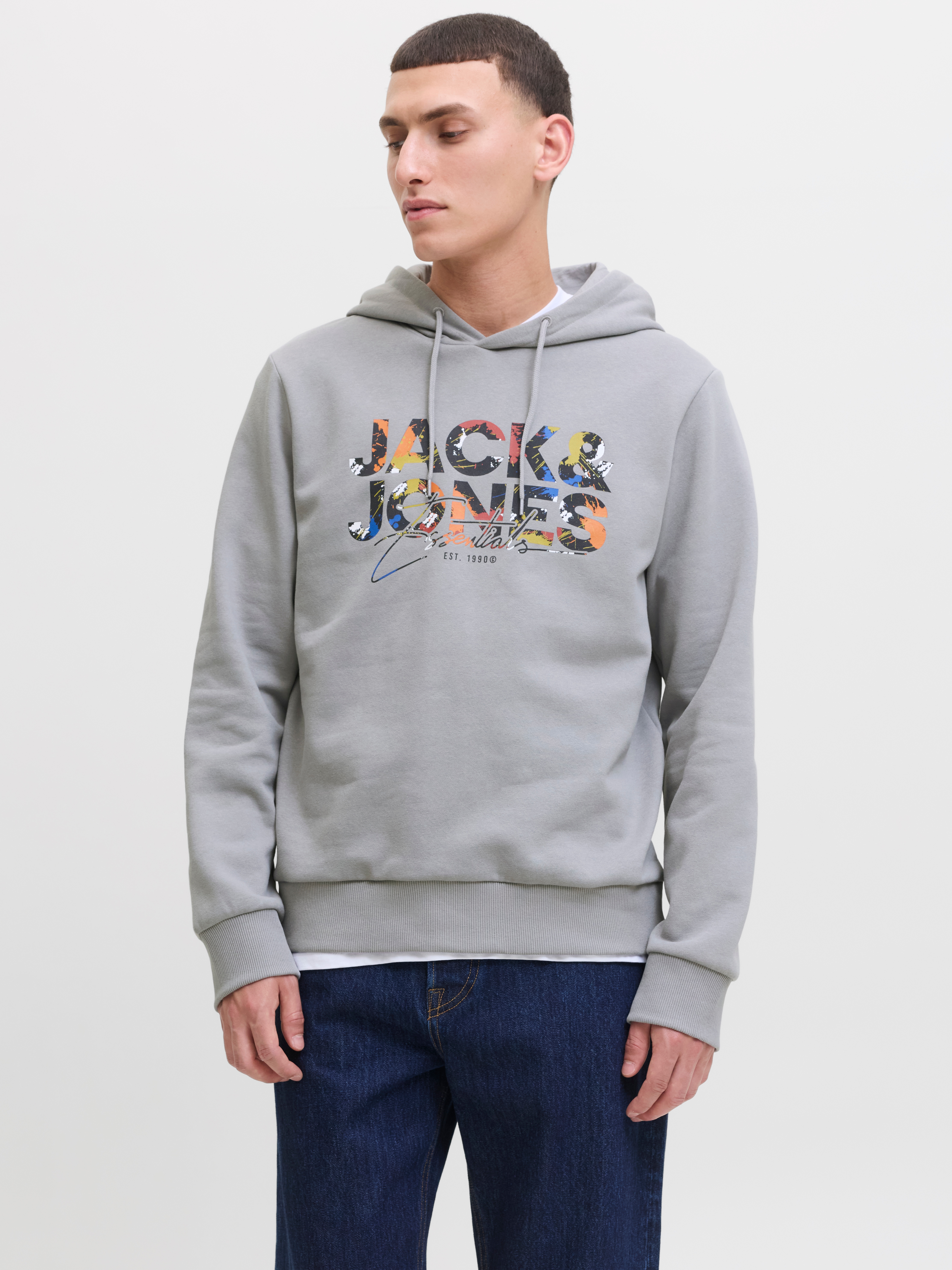 Kapuzensweatshirt JACK & JONES "JJGEPLAS SWEAT HOOD", Herren, Gr. S, grau (ultimate grau), angeraute Sweatware, Obermaterial: 60% Baumwolle, 40% Polyester, bedruckt, regular fit normal, Rippbündchen, Sweatshirts