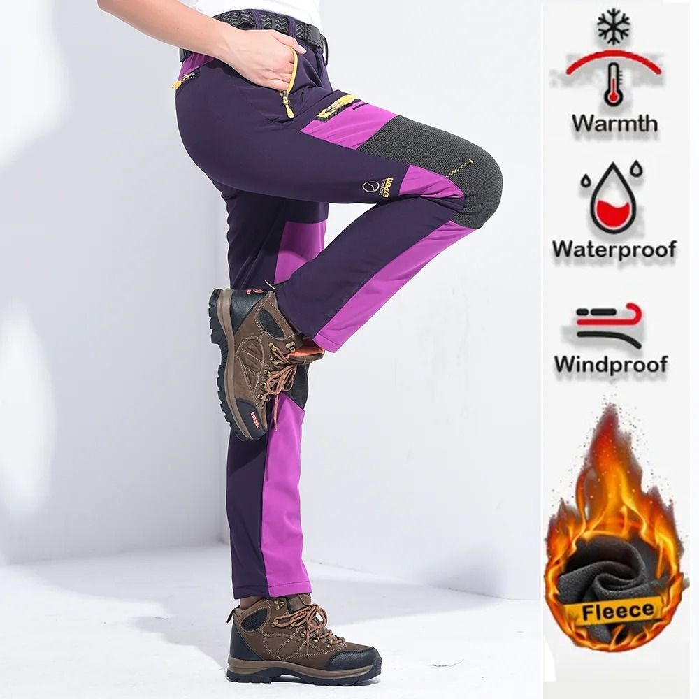 Waterproof Fleece Lined Soft Shell Pants For Women Winter Trekking Hiking Camping purple l (62kg)