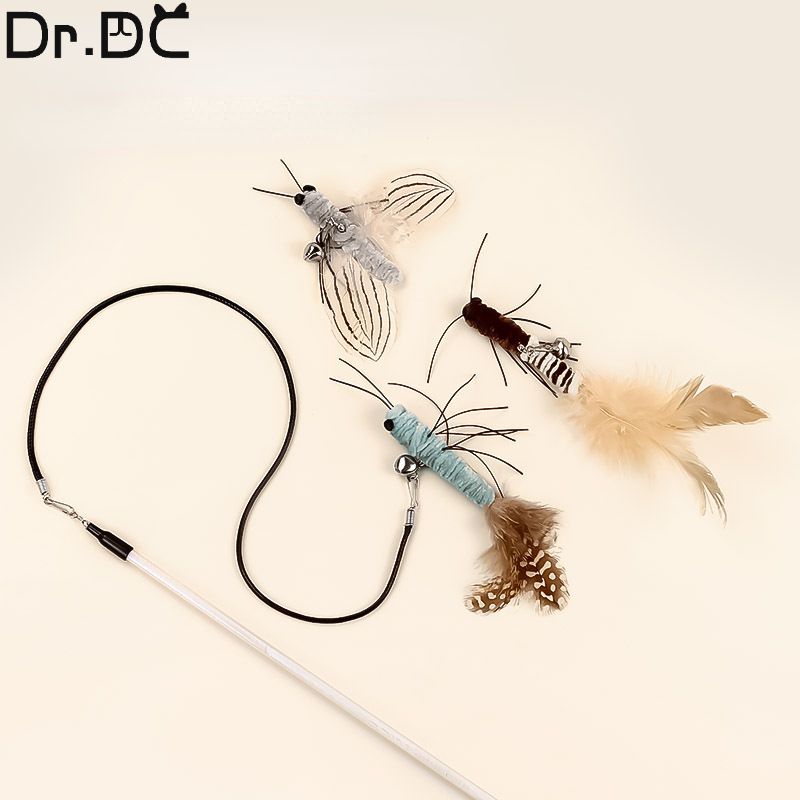 Interactive Funny Cat Toy: Dr.DC Steel Wire Teasing Stick With Bell Long Insect Butterfly Ball Feather Pet Entertain Color: Gray C