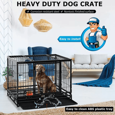 Heavy Duty Large Dog Crate Kennel 48" Steel Pet Cage With Lockable Wheels Removable Tray Ideal For Training Outdoor Use Heavy Duty Large Dog Crate Kennel 48" Steel Pet Cage With Lockable Wheels Removable Tray Ideal For Training Outdoor Use