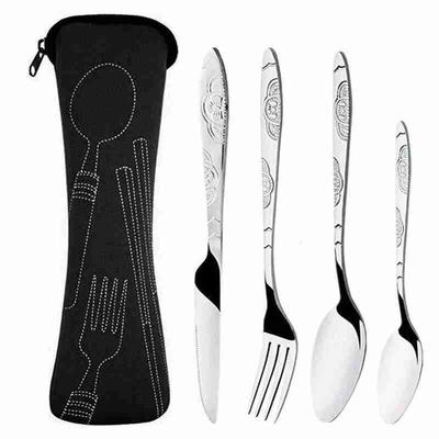 Portable Stainless Steel Dinnerware Set With Bag Camping Cutlery For Family Dining And Outdoor Adventures Black 4Pcs