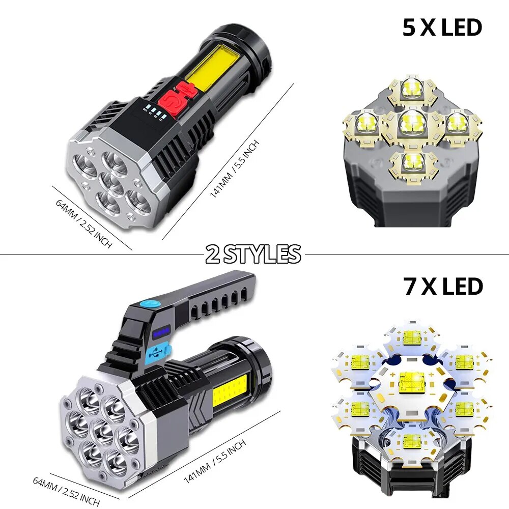 7LED High Power Rechargeable Flashlight: Lightweight Outdoor Torch With COB Side Light 5LED