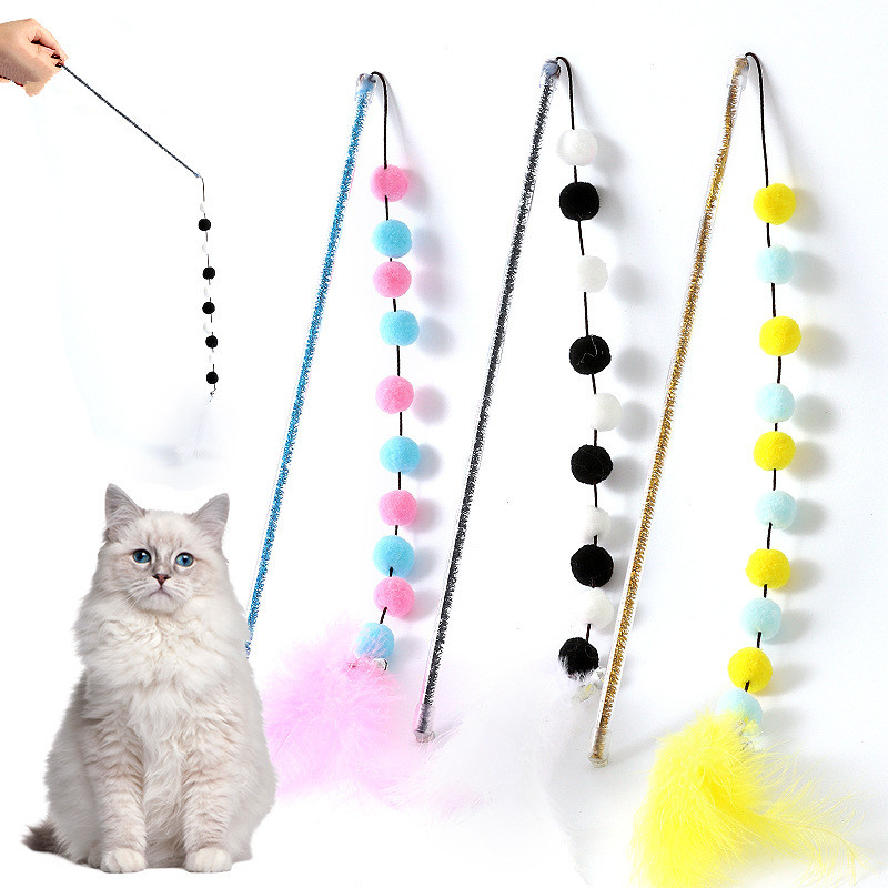 Interactive Feather Cat Toys: Durable Kitten Teasers With Multicolor Plush Balls Pet Supplies gray