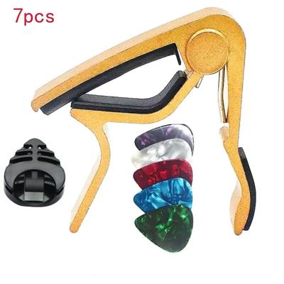 7pcs Guitar Capo Set For Acoustic & Electric Guitars Includes 5 Free Picks & 1 Holder Available In Black Or Silver gold Guitar Capo