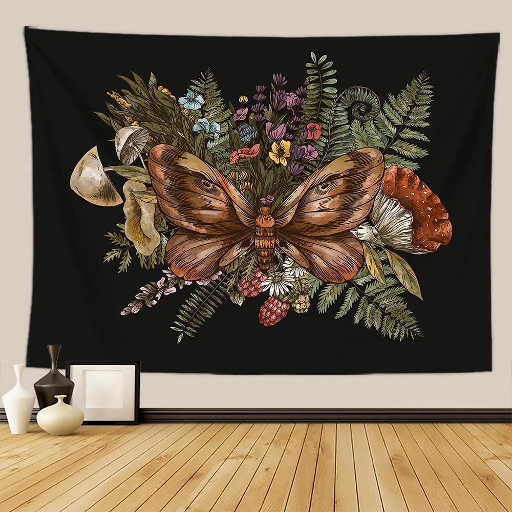 Botanical Print Floral Tapestry: Vintage Boho Mushroom & Wildflower Wall Hanging Colorful Home Decor TGA3926 75x58cm