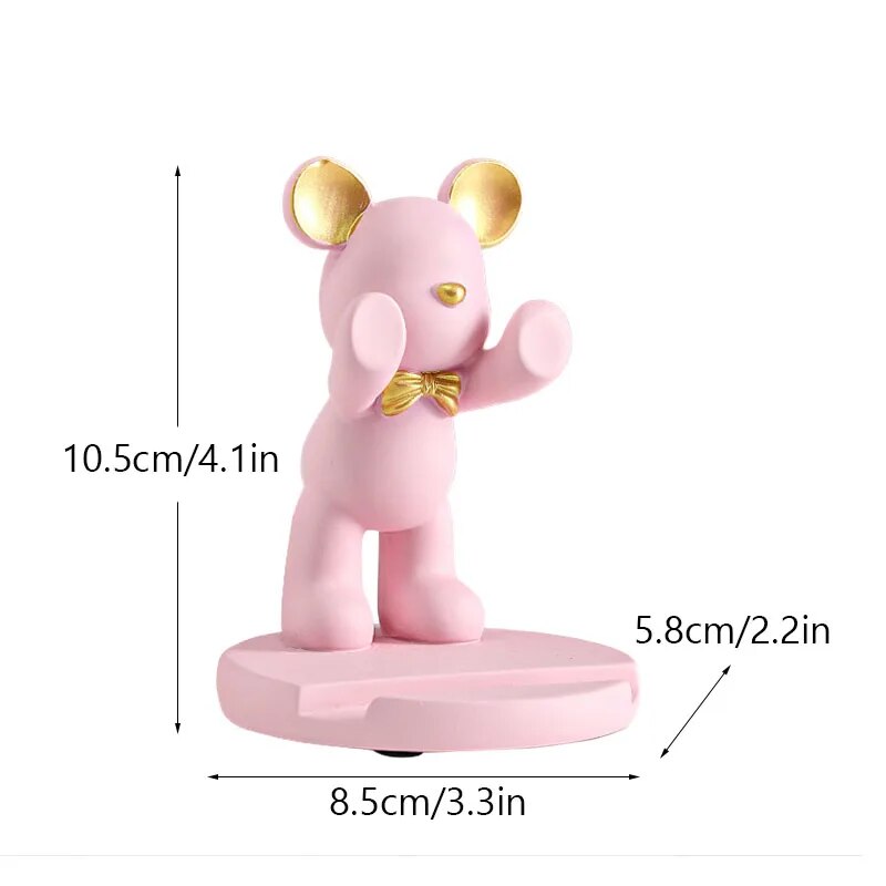 Resin Violent Bear Miniature Figurine: Cute Mobile Phone Stand For Home, Office, Living Room Unique Gift Idea A Pink
