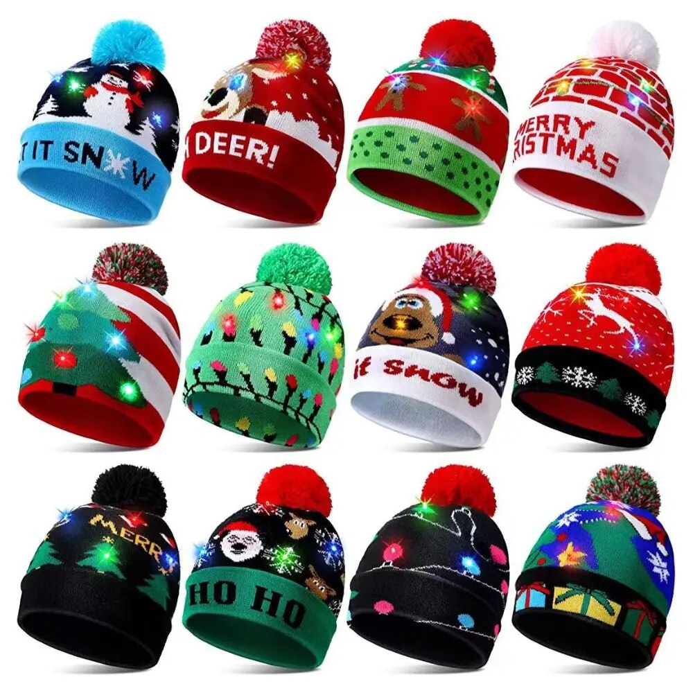 New Year LED Christmas Hat Sweater Knitted Beanie Xmas Light Up Gift For Kids Decorations 12