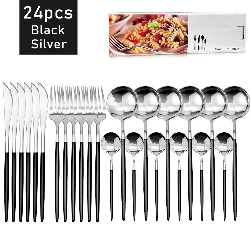 24 Piece Gold Stainless Steel Dinnerware Set Flatware Cutlery Set With Knife, Fork, Spoon, And Tea Spoon Black Silver