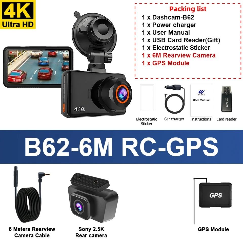 E ACE Dual Dash Cam With 4K Front And 2.5K Rear Camera Support For GPS WiFi Parking And Loop Recording 65 Gb version 4