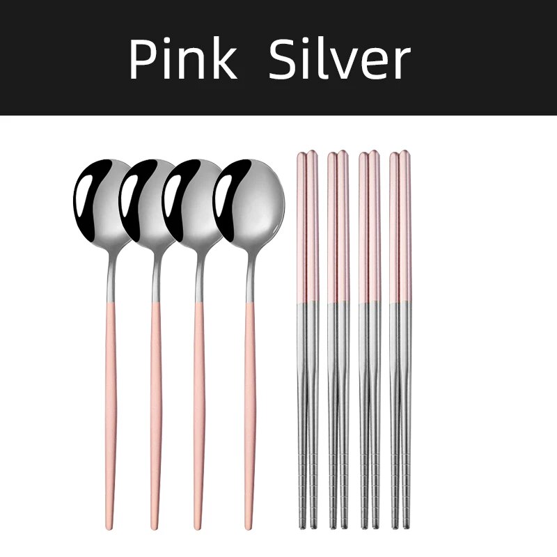 Reusable Stainless Steel Chopsticks & Spoon Set Non slip Sushi Sticks, Soup Spoon, Dinnerware 4 Set Pink
