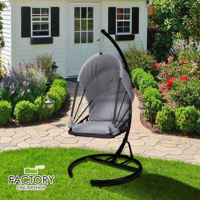 Outdoor Foldable Hanging Egg Chair Hammock Swing With Cushion, Canopy & Stand, Ideal For Patio, Backyard, Or Indoor Use grey