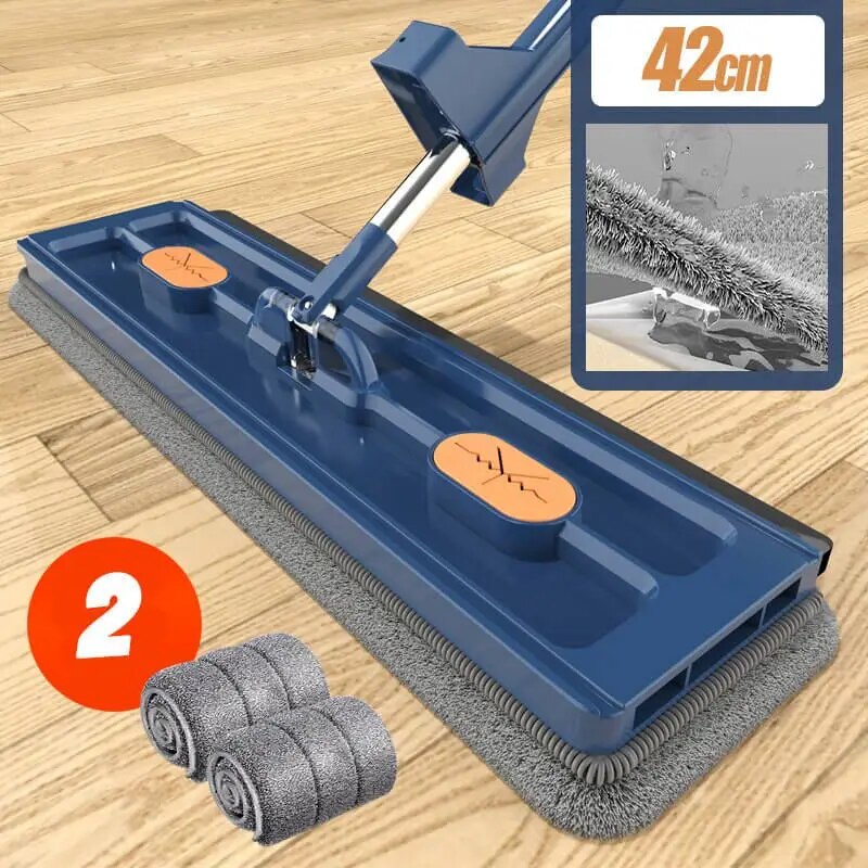 42 Cm Large Flat Lazy Mop: Hands Free, Absorbent Household Cleaning Tool 2 Rag Blue Set