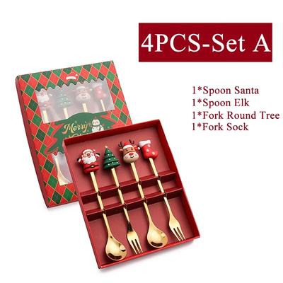 Christmas Party Cutlery Set: Stainless Steel Tableware, Gold Spoon & Forks Xmas Decoration Gift (2 4 6Pcs) 4PCS SetA