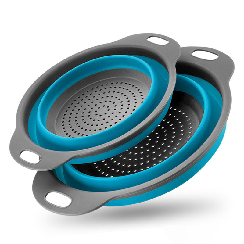 1 2pcs Silicone Round Folding Vegetable Fruits Washing Drain Basket Colander Strainer Collapsible Drainer Kitchen Tool Blue Set