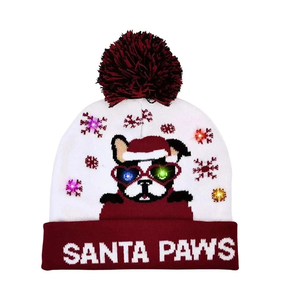 New Year LED Christmas Hat Sweater Knitted Beanie Xmas Light Up Gift For Kids Decorations A3