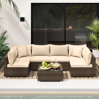 7 Piece Outdoor Sectional Sofa Set, Rattan Patio Furniture With Soft Cushions 7 Piece Outdoor Sectional Sofa Set, Rattan Patio Furniture With Soft Cushions