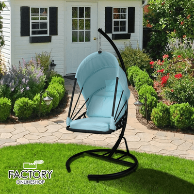 Outdoor Foldable Hanging Egg Chair Hammock Swing With Cushion, Canopy & Stand, Ideal For Patio, Backyard, Or Indoor Use blue