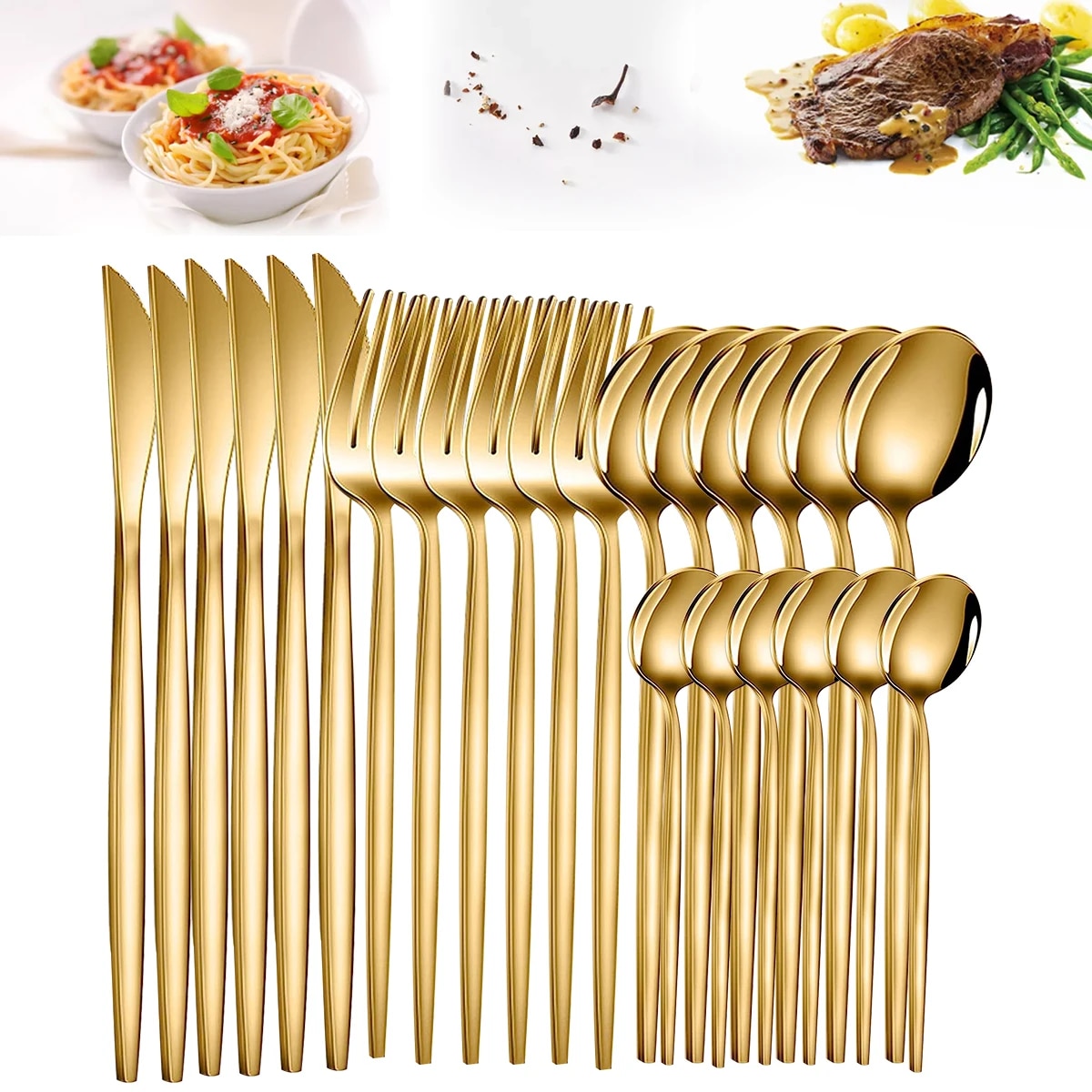 24 Piece Gold Stainless Steel Dinnerware Set Flatware Cutlery Set With Knife, Fork, Spoon, And Tea Spoon Green Gold