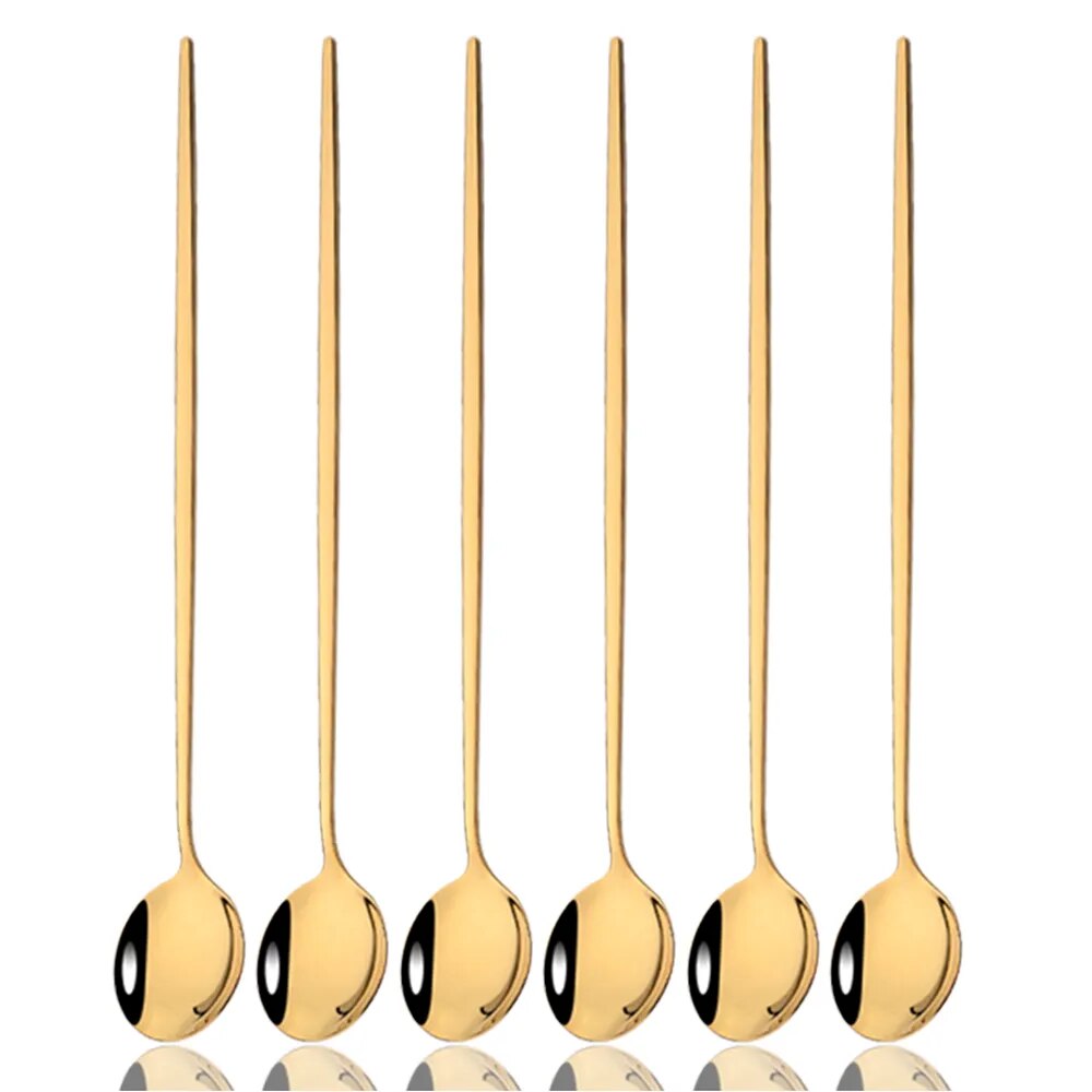 6Pcs Gold Cutlery Set: Coffee, Tea, Juice Spoons Long Handle Scoops For Ice Cream Kitchen Tableware Tools 6Pcs Rose