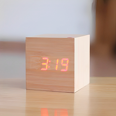 Modern Wooden Bedside Clock Digital Oak Orange Light