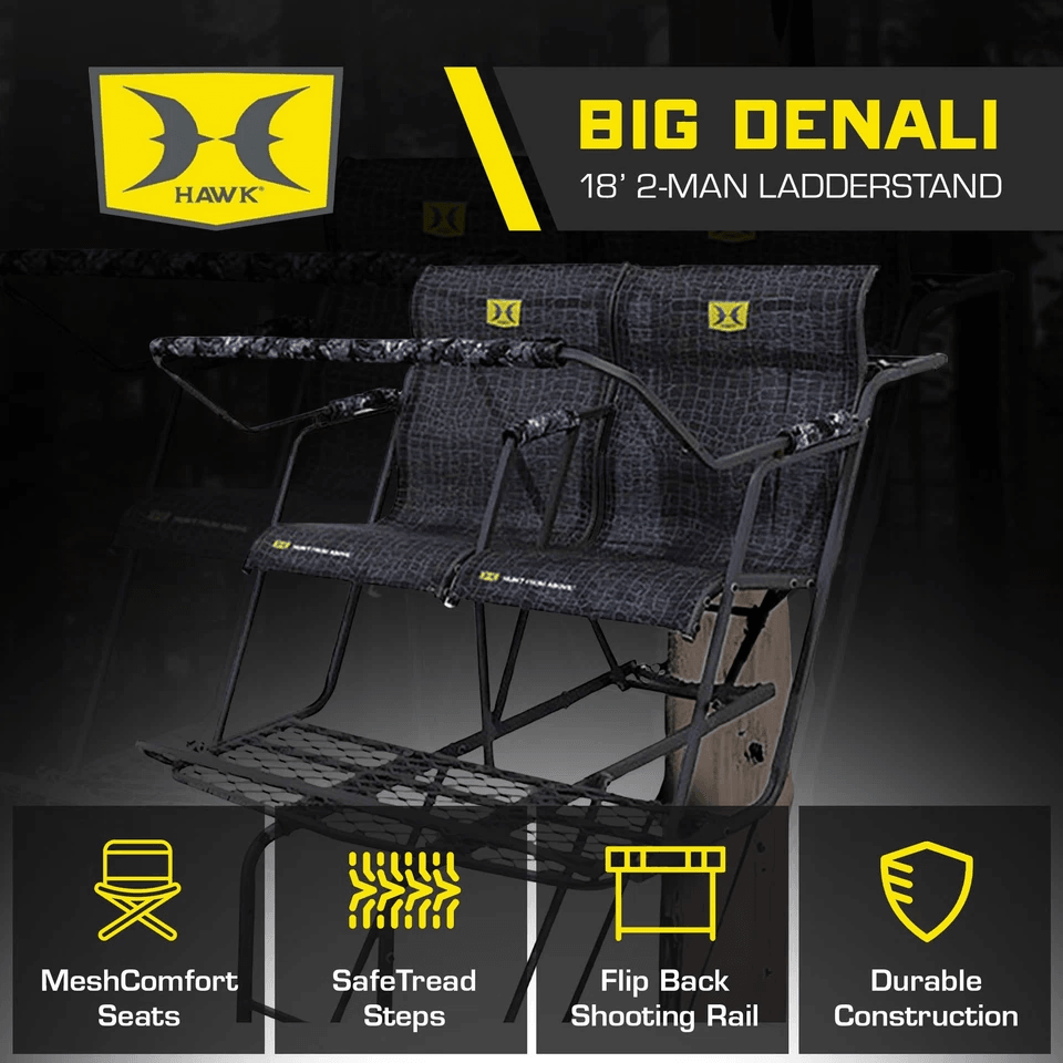 Hawk Big Denali 2 Man Climbing Tree Stand Durable Steel Deer Hunting Ladderstand With MeshComfort Seats, Safe Hawk Big Denali 2 Man Climbing Tree Stand Durable Steel Deer Hunting Ladderstand With MeshComfort Seats, Safe