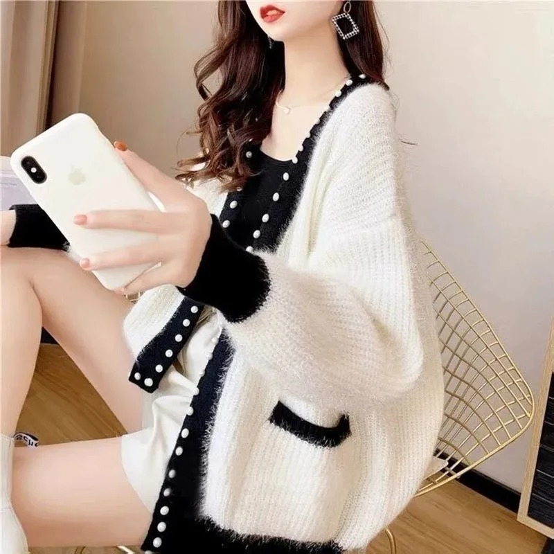 Autumn Winter Thick Warm Chic Beading Sweater Fashion Loose Knitted Coats New Casual Soft Streetwear Women Sweater Autumn Winter Thick Warm Chic Beading Sweater Fashion Loose Knitted Coats New Casual Soft Streetwear Women Sweater Gray M 45 50kg
