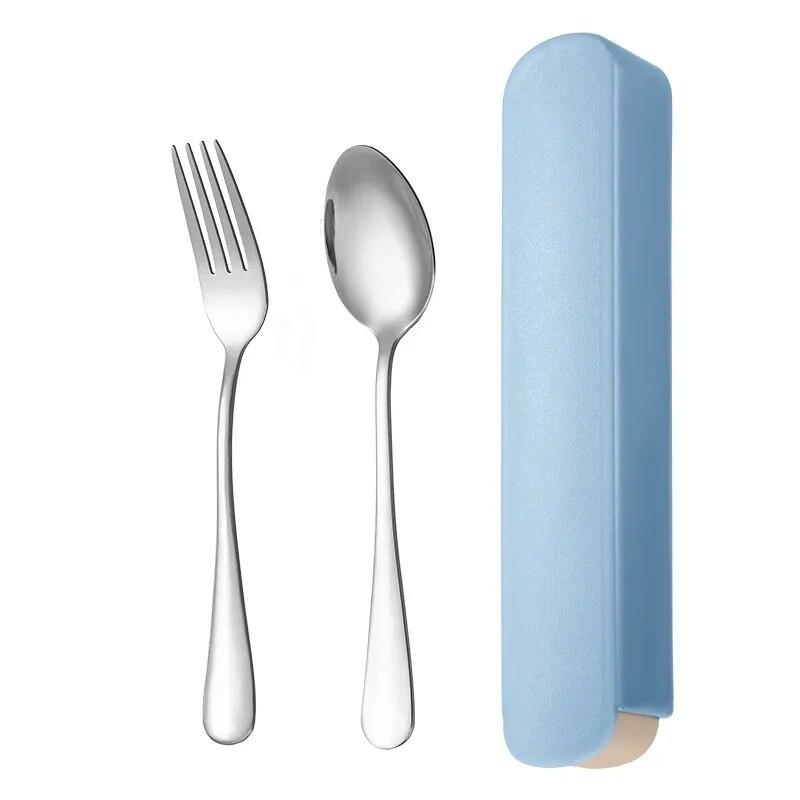 Portable Stainless Steel Cutlery Set With Storage Box Ideal For Travel, Camping, Household Use Blue B