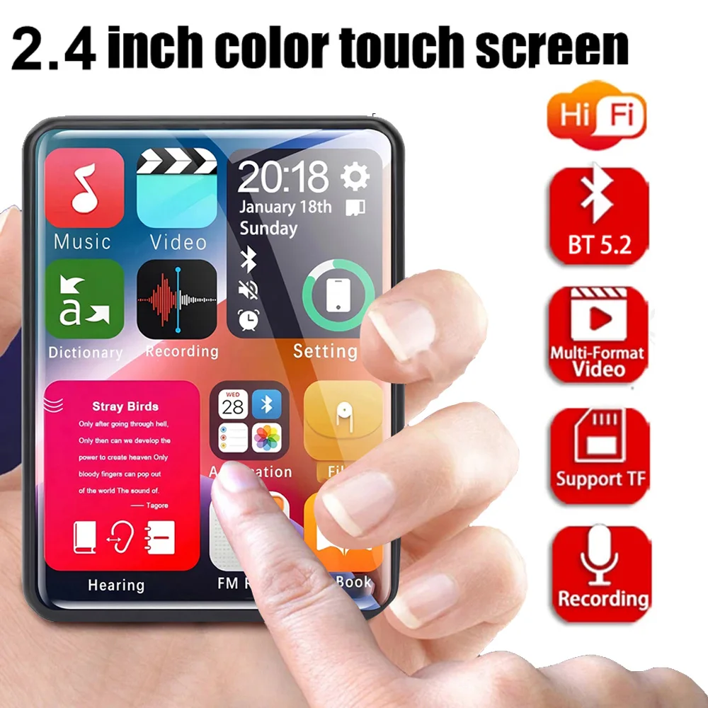 Lettore musicale MP3 Mp4 da 128 GB Altoparlante stereo Hi-Fi Bluetooth 5.2 con videoregistratore portatile Full Touch Screen da 2,4 pollici Lettore MP3