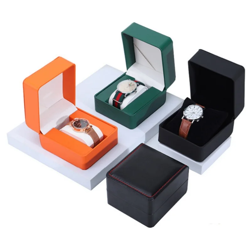 Schwarze Uhren-Geschenkbox aus PU-Leder – einzelne Armbanduhren-Vitrine mit Kissen, Clamshell-Organizer für Herren, luxuriös Image