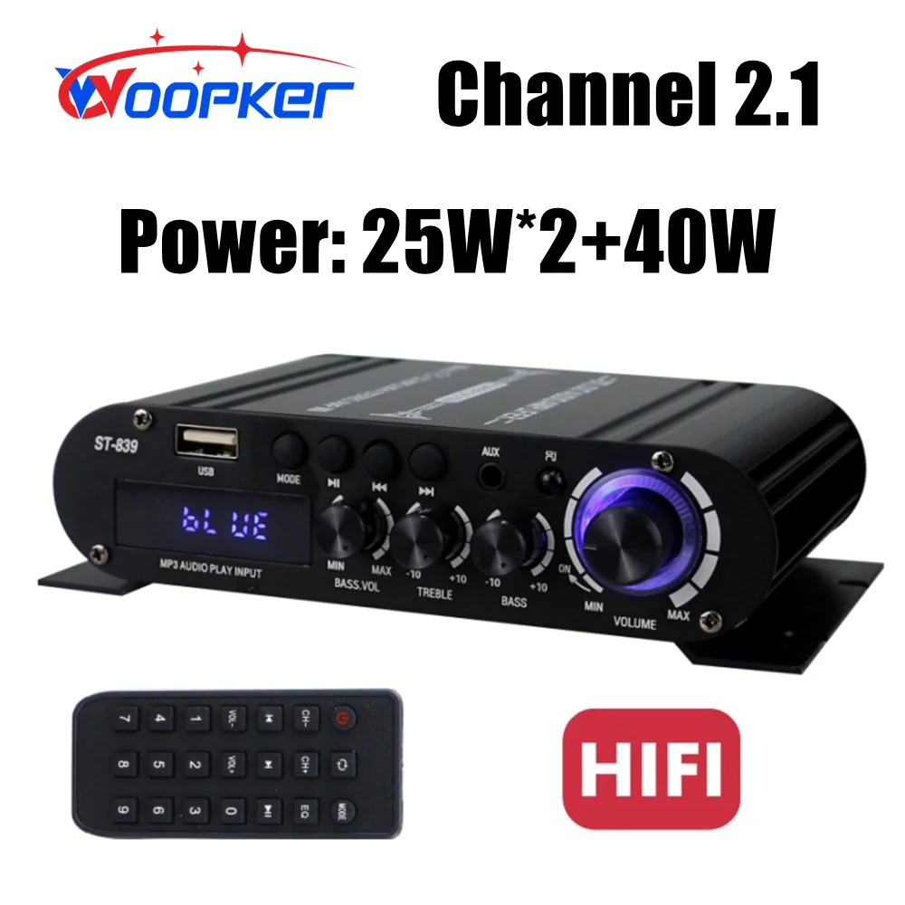 Woopker ST-839 HiFi 2.1 Kanal Leistungsverstärker 25 W * 2 + 40 W Subwoofer Verstärker Sound Amp Bass und Höhen Anpassung Haushalt AMP Image