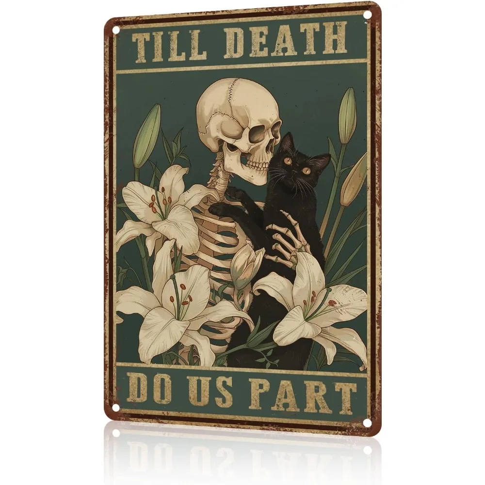 Skelett Halloween Vintage Blechschild – „Till Death Do Us Part“ Metallposter, Wanddekoration für schwarze Katzenliebhaber Zuhause Wohnzimmer Image