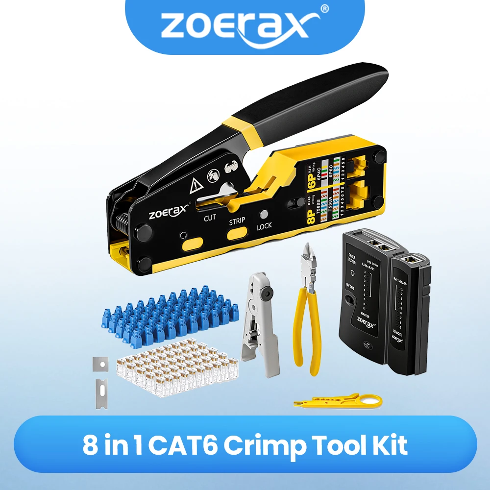 ZOERAX RJ45 CAT6 CAT5E Crimp-Tool-Kit 8-in-1-Multifunktions-Netzwerk-Tool-Kit mit Tester, Abisolierer, Schneider, Klinge, Stecker und Kofferraum Image