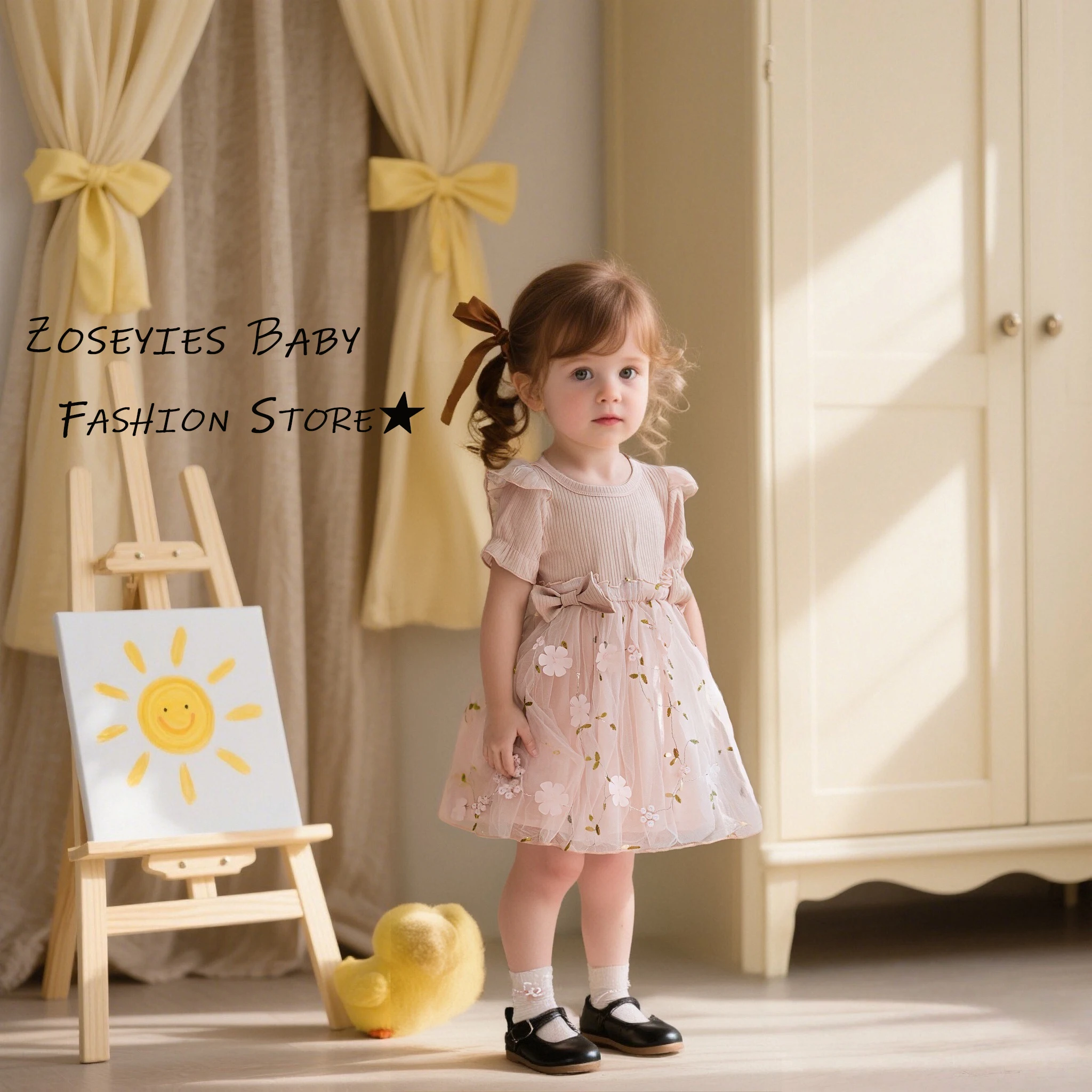 Mädchen Kleid Sommer Floral bestickt Kurzarm Baby Mädchen Kleid süße Schleife Mädchen Prinzessin Kleid Baby Mädchen Kleidung Image