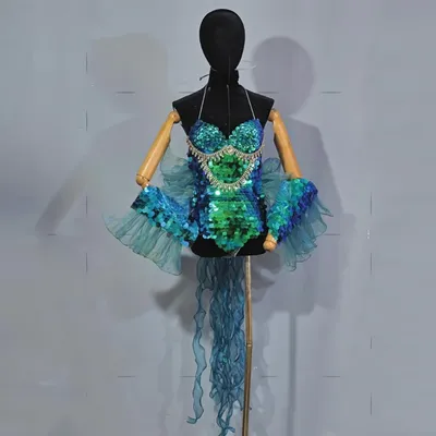 Blau Grün Pailletten Performance Outfit Gogo Drag Show Bühnenkostüm Meerjungfrau Cosplay Outfit Festival Karneval Rave Kleidung VDL3787 Image