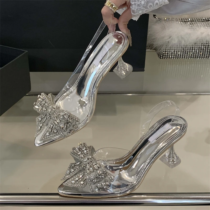 Aneikeh Sexy Spitz Bogen Kristall PVC Transparent Frauen Pumps Pumps Elegante Dünne High Heels Strippers Prom Mule Schuhe